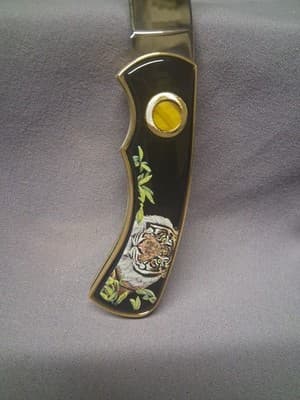 Franklin Mint Collector Folding Pocket Knife Tiger Art Gold Trim with Case - Thumbnail 4