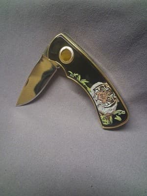 Franklin Mint Collector Folding Pocket Knife Tiger Art Gold Trim with Case - Thumbnail 6