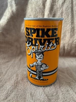 SPIKE DRIVER RUSHTON RAILROAD STRAIGHT STEEL PULL TAB BEER CAN #152-10