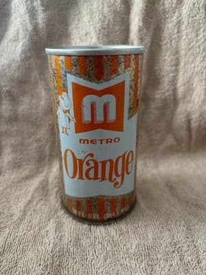 Metro Orange Soda can, EMPTY 10oz Soda Pop CAN from Canada, Montreal, Quebec