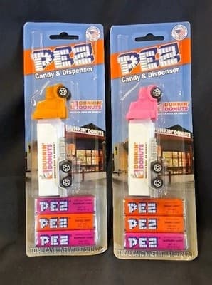 Lot 2 Sealed Limited Edition Dunkin Donuts Pez Dispenser Truck PINK CAB & ORANGE