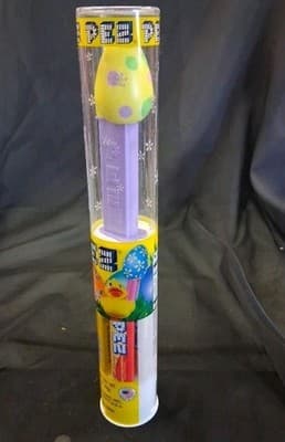 PEZ Candy Dispenser 2012 Yellow EGG Polka Dots lavender stem 11" TUBE SEALED