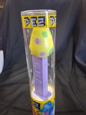 PEZ Candy Dispenser 2012 Yellow EGG Polka Dots lavender stem 11" TUBE SEALED - Thumbnail 2