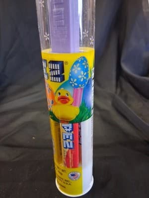 PEZ Candy Dispenser 2012 Yellow EGG Polka Dots lavender stem 11" TUBE SEALED - Thumbnail 3