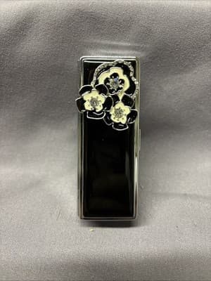 Pocket Compact Silver Tone Metal Enamel, Jeweled Hinge Lipstick Holder NOS