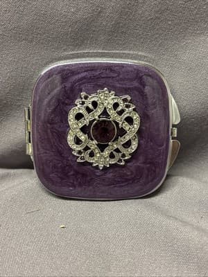 Pocket Compact Silver Tone Metal Enamel, Jeweled Hinge Mirror VTG NOS
