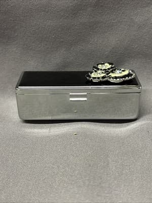 Pocket Compact Silver Tone Metal Enamel, Jeweled Hinge Lipstick Holder NOS - Thumbnail 2