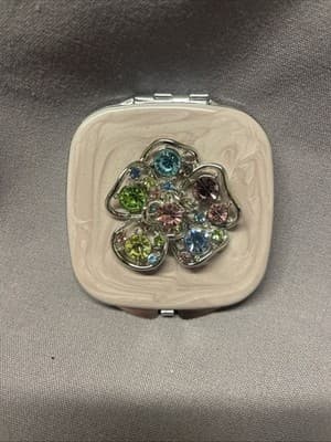 Pocket Compact Silver Tone Metal Enamel, Jeweled Hinge Mirror VTG NOS