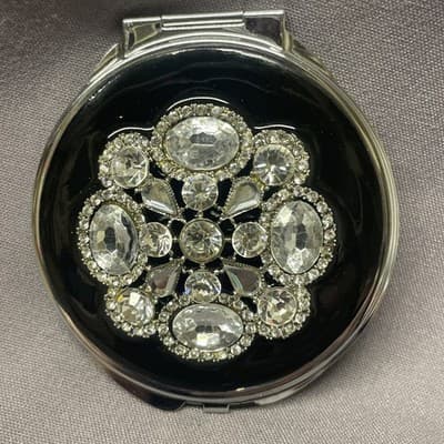 Pocket Compact Silver Tone Metal Enamel, Jeweled Hinge Mirror VTG NOS
