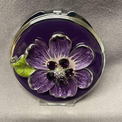 Pocket Compact Silver Tone Metal Enamel, Jeweled Hinge Mirror VTG NOS