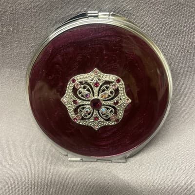 Pocket Compact Silver Tone Metal Enamel, Jeweled Hinge Mirror VTG NOS