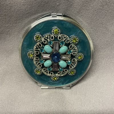 Pocket Compact Silver Tone Metal Enamel, Jeweled Hinge Mirror VTG NOS