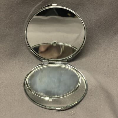 Pocket Compact Silver Tone Metal Enamel, Jeweled Hinge Mirror VTG NOS - Thumbnail 2