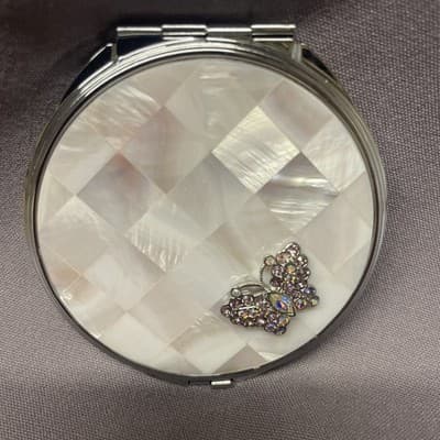 Pocket Compact Silver Tone Metal Enamel, Jeweled Hinge Mirror VTG NOS