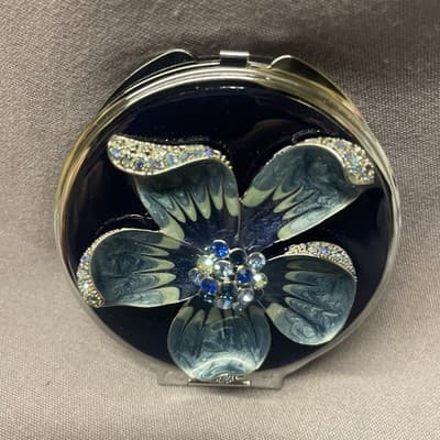 Pocket Compact Silver Tone Metal Enamel, Jeweled Hinge Mirror VTG NOS
