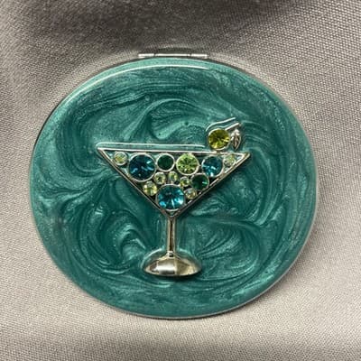 Pocket Compact Silver Tone Metal Enamel, Jeweled Hinge Mirror VTG NOS