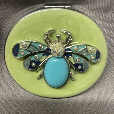 Pocket Compact Silver Tone Metal Enamel, Jeweled Hinge Mirror VTG NOS