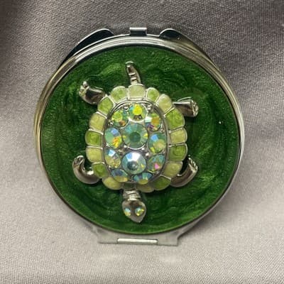Pocket Compact Silver Tone Metal Enamel, Jeweled Hinge Mirror VTG NOS