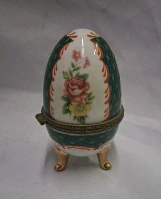 Colorful Hinged Ceramic Egg Trinket Box Floral Pattern with 3 Gold Legs/Feet