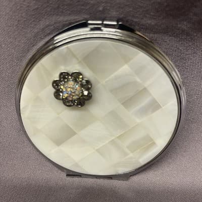 Pocket Compact Silver Tone Metal Enamel, Jeweled Hinge Mirror VTG NOS
