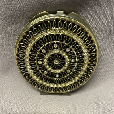 Pocket Compact Silver Tone Metal Enamel, Jeweled Hinge Mirror VTG NOS