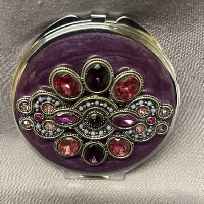 Pocket Compact Silver Tone Metal Enamel, Jeweled Hinge Mirror VTG NOS