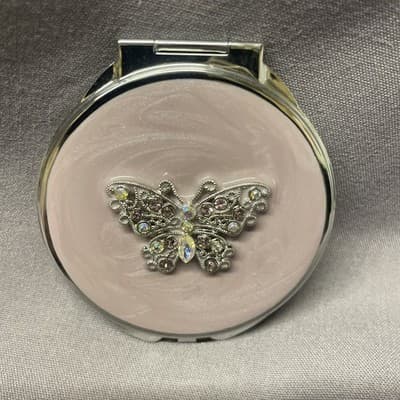 Pocket Compact Silver Tone Metal Enamel, Jeweled Hinge Mirror VTG NOS
