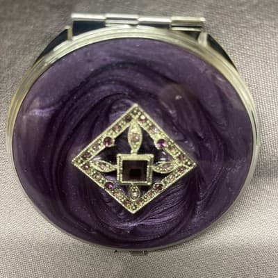 Pocket Compact Silver Tone Metal Enamel, Jeweled Hinge Mirror VTG NOS