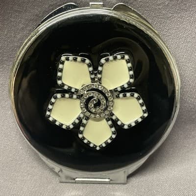 Pocket Compact Silver Tone Metal Enamel, Jeweled Hinge Mirror VTG NOS