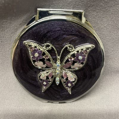 Pocket Compact Silver Tone Metal Enamel, Jeweled Hinge Mirror VTG NOS