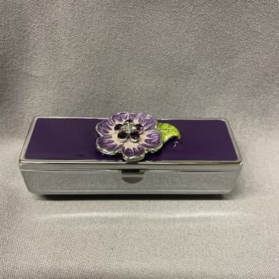 Pocket Compact Silver Tone Metal Enamel, Jeweled Hinge Lipstick Holder NOS - Thumbnail 2