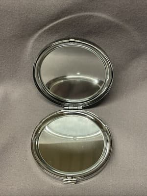 Pocket Compact Silver Tone Metal Enamel, Jeweled Hinge Mirror VTG NOS - Thumbnail 2