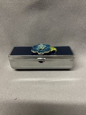 Pocket Compact Silver Tone Metal Enamel, Jeweled Hinge Lipstick Holder NOS - Thumbnail 2