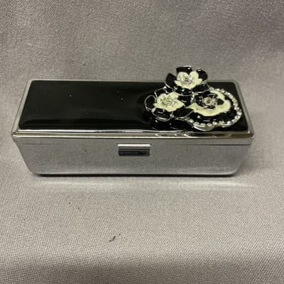 Pocket Compact Silver Tone Metal Enamel, Jeweled Hinge Lipstick Holder NOS - Thumbnail 2