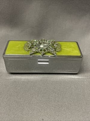 Pocket Compact Silver Tone Metal Enamel, Jeweled Hinge Lipstick Holder NOS - Thumbnail 2