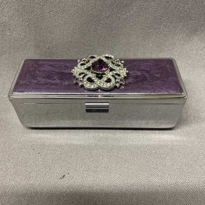 Pocket Compact Silver Tone Metal Enamel, Jeweled Hinge Lipstick Holder NOS - Thumbnail 2