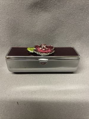Pocket Compact Silver Tone Metal Enamel, Jeweled Hinge Lipstick Holder NOS - Thumbnail 2