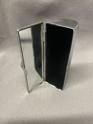 Pocket Compact Silver Tone Metal Enamel, Jeweled Hinge Lipstick Holder NOS - Thumbnail 3
