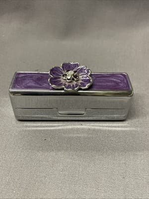 Pocket Compact Silver Tone Metal Enamel, Jeweled Hinge Lipstick Holder NOS - Thumbnail 2