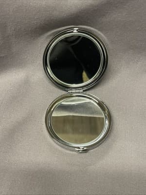 Pocket Compact Silver Tone Metal Enamel, Jeweled Hinge Mirror VTG NOS - Thumbnail 2