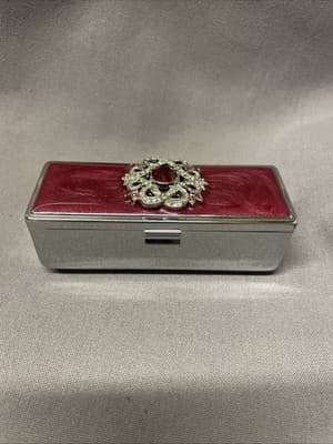 Pocket Compact Silver Tone Metal Enamel, Jeweled Hinge Lipstick Holder NOS - Thumbnail 2