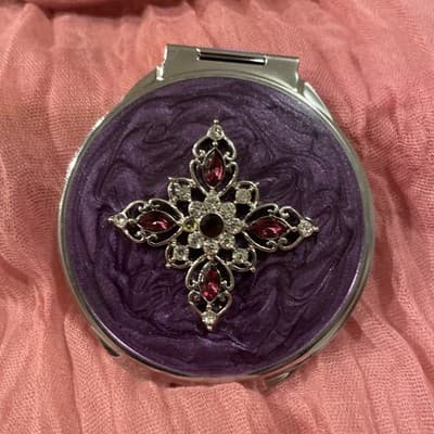 Pocket Compact Silver Tone Metal Enamel, Jeweled Hinge Mirror VTG NOS