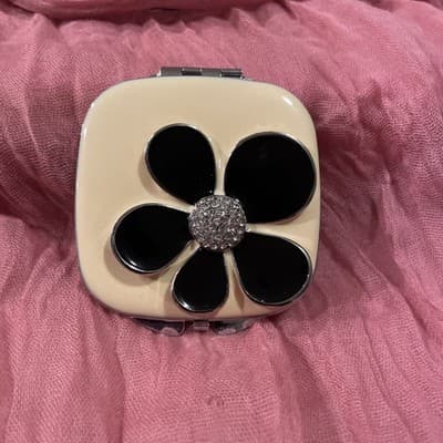 Pocket Compact Silver Tone Metal Enamel, Jeweled Hinge Mirror VTG NOS