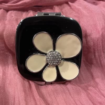 Pocket Compact Silver Tone Metal Enamel, Jeweled Hinge Mirror VTG NOS