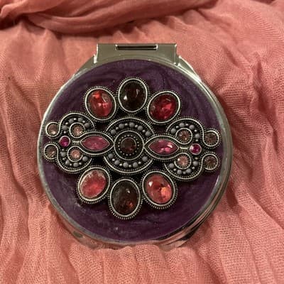 Pocket Compact Silver Tone Metal Enamel, Jeweled Hinge Mirror VTG NOS