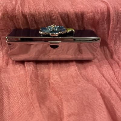 Pocket Compact Silver Tone Metal Enamel, Jeweled Hinge Lipstick Holder NOS - Thumbnail 2