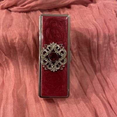 Pocket Compact Silver Tone Metal Enamel, Jeweled Hinge Lipstick Holder NOS
