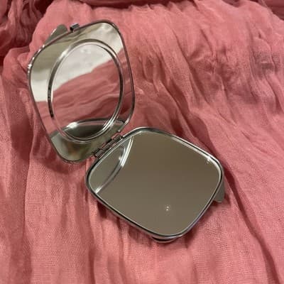 Pocket Compact Silver Tone Metal Enamel, Jeweled Hinge Mirror VTG NOS - Thumbnail 2
