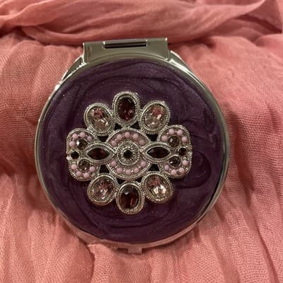 Pocket Compact Silver Tone Metal Enamel, Jeweled Hinge Mirror VTG NOS