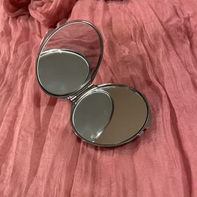Pocket Compact Silver Tone Metal Enamel, Jeweled Hinge Mirror VTG NOS - Thumbnail 2